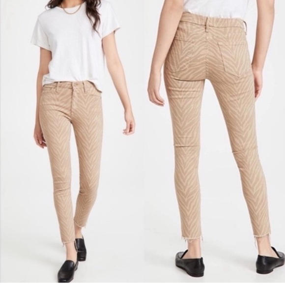 Mother The Looker Ankle Fray Sweet Stripes Skinny Animal Print Tan Jeans - Picture 1 of 12